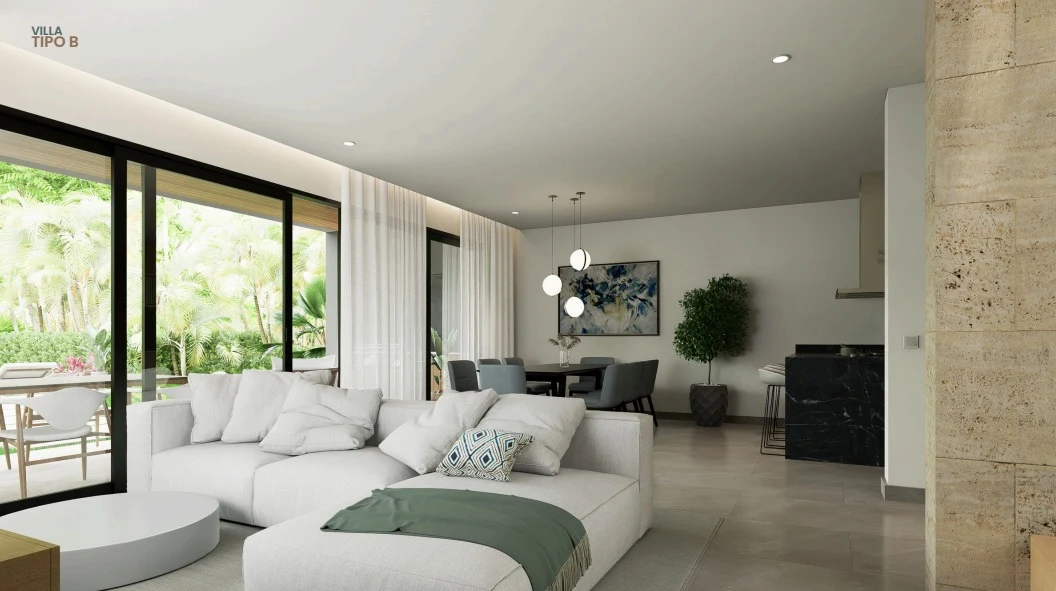 Living room render at Villas del Sol