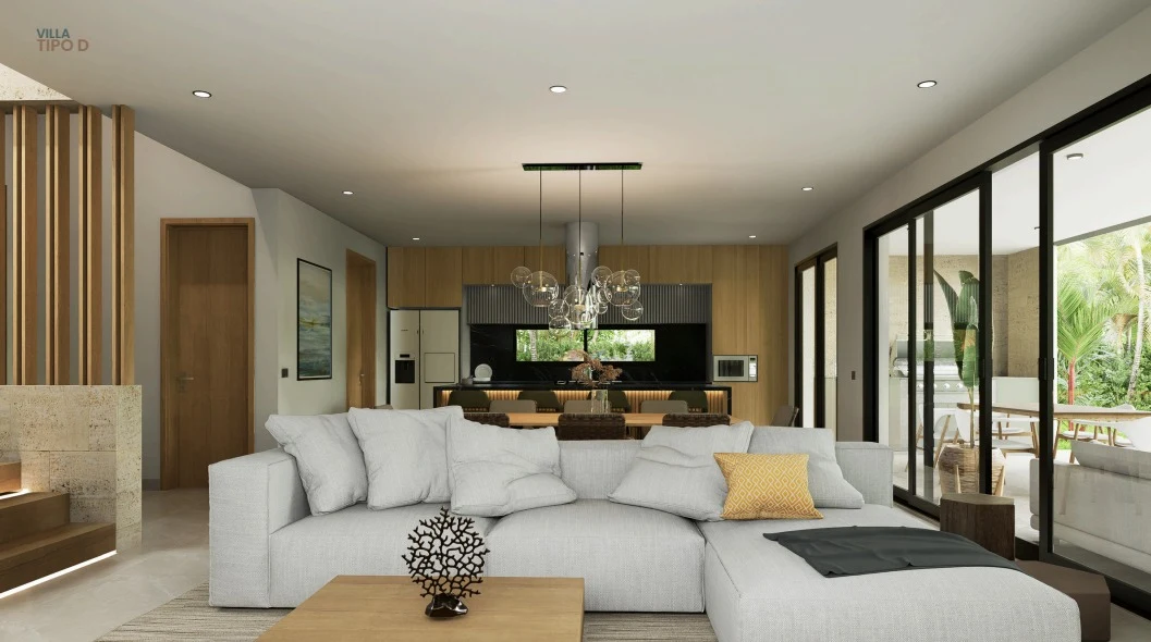 Interior social area render at Villas del Sol